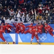 GANGNEUNG, SOUTH KOREA - FEBRUARY 25: Players and staff of the Olympic Athletes from Russia celebrate after a 4-3 overtime win against Germany during gold medal game action at the PyeongChang 2018 Olympic Winter Games. (Photo by Andre Ringuette/HHOF-IIHF Images)

